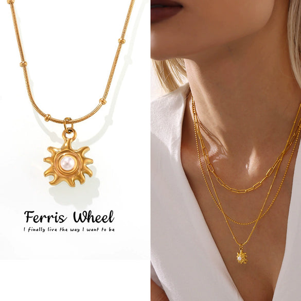 Wholesale Women's Ferris Wheel Sunflower Beads Stainless Steel Clavicle Necklace With Geometric Pattern 18K Gold Electroplated