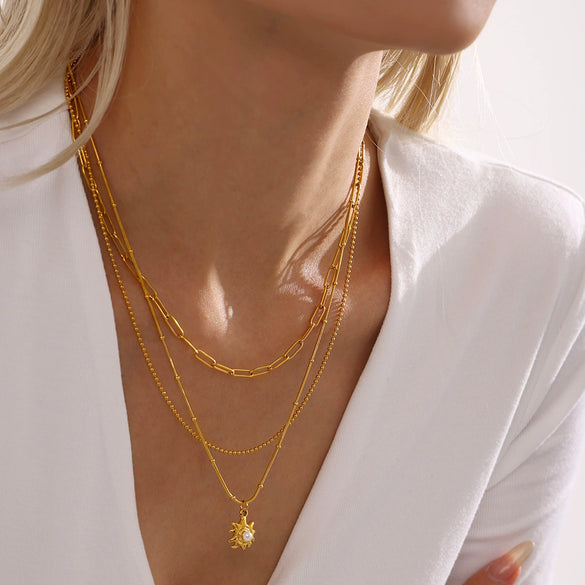 Wholesale Women's Ferris Wheel Sunflower Beads Stainless Steel Clavicle Necklace With Geometric Pattern 18K Gold Electroplated