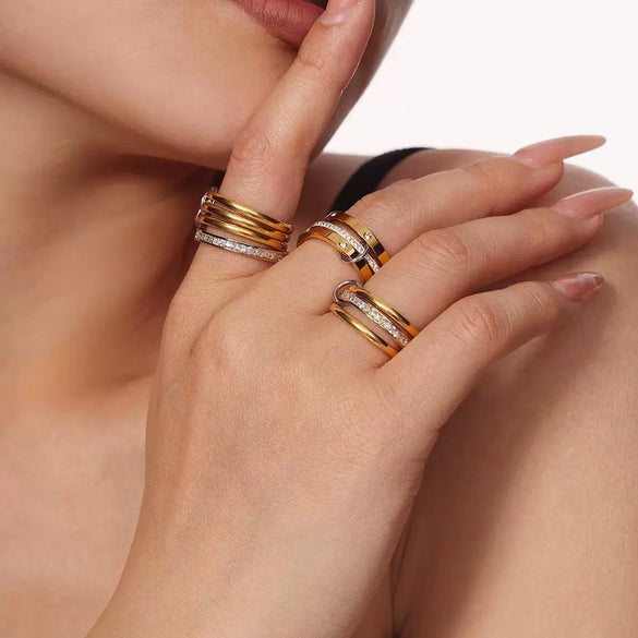 Wholesale Women's Fivering Color Matching Zircon Ring In Stainless Steel With Pvd Plated 18K Real Gold And Geometric Design