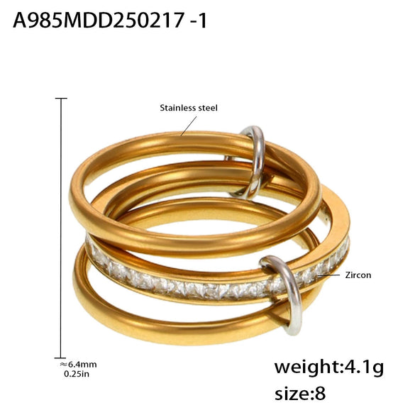 Wholesale Women's Fivering Color Matching Zircon Ring In Stainless Steel With Pvd Plated 18K Real Gold And Geometric Design
