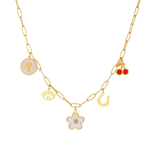 Wholesale Women's Floral Stainless Steel Electroplated Round Cross Pendant Necklace With Diamond Cherry Eye