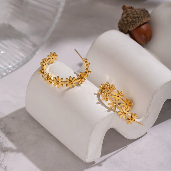 Wholesale Women's Flower Cshaped Stainless Steel Vacuum Real Gold Plated Earrings