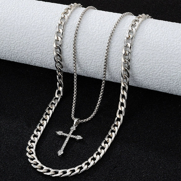 Wholesale Women's Flower Pattern Zinc Alloy Electroplated Cross Pendant Necklace