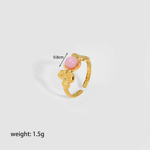 Wholesale Women's Flower Ring Stainless Steel With 18K Gold Inlay And Round Natural Stone Pvdp Furnace Real Gold Treatment