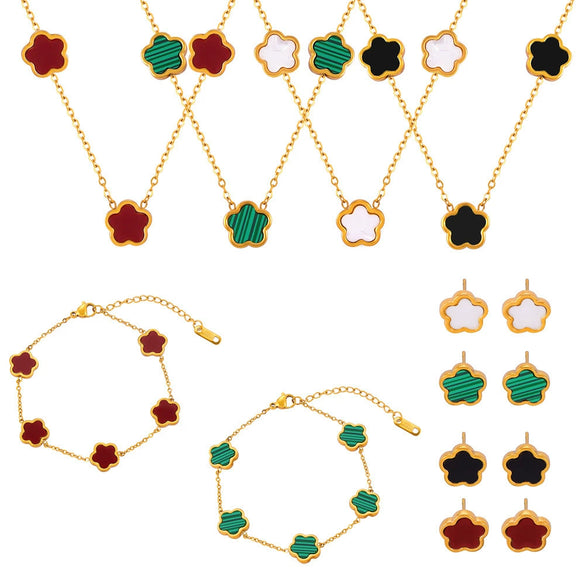 Wholesale Women's Flower Shape Jewelry Set Inlaid With White Sea Shell Acrylic Titanium Steel Ochain Electroplated