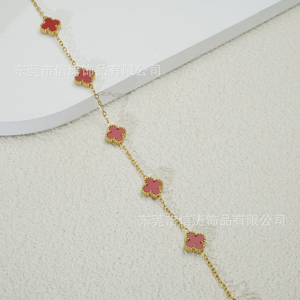 Wholesale Women's Fourleaf Clover Bracelet With Floral And Leaf Patterns Made Of Titanium Steel And Goldplated