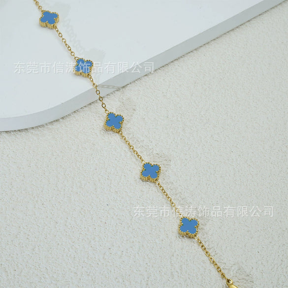 Wholesale Women's Fourleaf Clover Bracelet With Floral And Leaf Patterns Made Of Titanium Steel And Goldplated