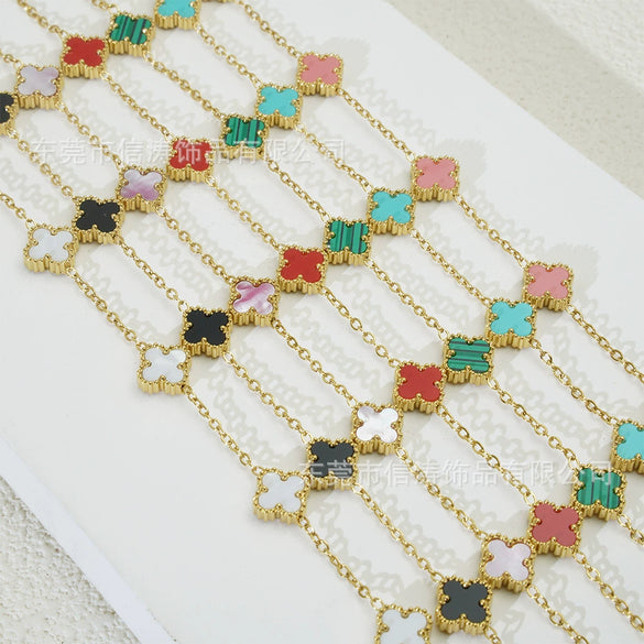 Wholesale Women's Fourleaf Clover Bracelet With Floral And Leaf Patterns Made Of Titanium Steel And Goldplated