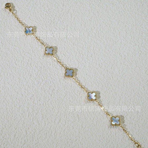 Wholesale Women's Fourleaf Clover Bracelet With Floral And Leaf Patterns Made Of Titanium Steel And Goldplated