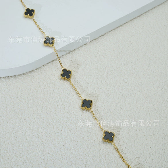 Wholesale Women's Fourleaf Clover Bracelet With Floral And Leaf Patterns Made Of Titanium Steel And Goldplated