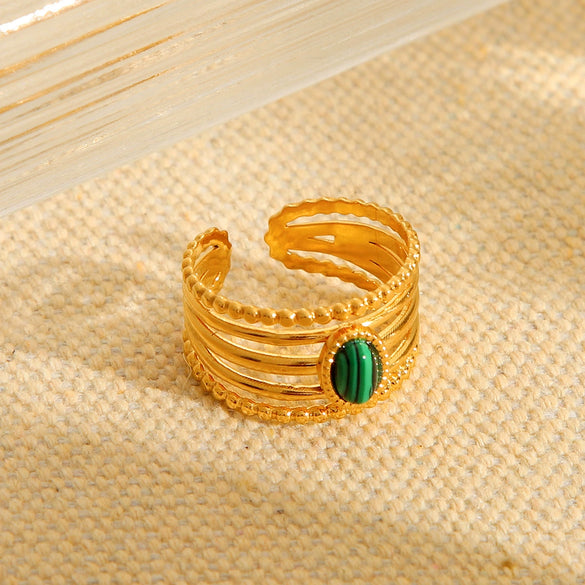 Wholesale Women's French Court Style Open Ring Titanium Steel Natural Malachite Hollow Geometric Electroplated