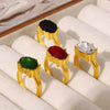 Wholesale Women's French Court Style Oval Glass Stone Ring In Titanium Steel Plated With 18K Gold And Geometric Design
