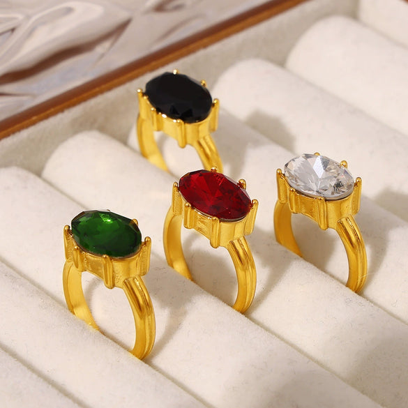 Wholesale Women's French Court Style Oval Glass Stone Ring In Titanium Steel Plated With 18K Gold And Geometric Design