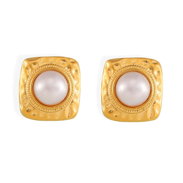 Wholesale Women's French Court Style Retro Square Titanium Steel Imitation Pearl Earrings With 18K Gold Plated Geometric Design