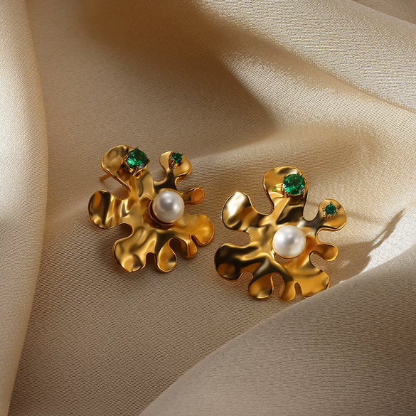 Wholesale Women's French Retro Elegant Fashion Exquisite Microinlaid Zircon Imitation Pearl Flower Stainless Steel Electroplated Bow Tie Earrings