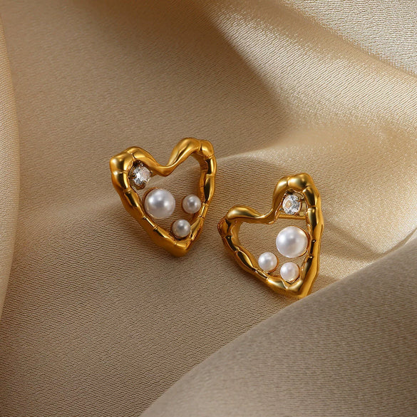 Wholesale Women's French Retro Elegant Fashion Exquisite Microinlaid Zircon Imitation Pearl Flower Stainless Steel Electroplated Bow Tie Earrings