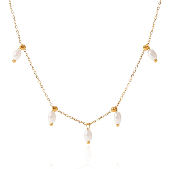 Wholesale Women's French Retro Freshwater Pearl Beaded Stainless Steel Clavicle Chain With Geometric Pattern And Electroplating