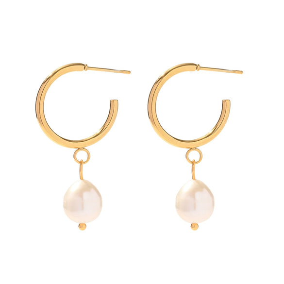 Wholesale Women's French Retro Freshwater Pearl Earrings Titanium Steel Nonfading 18K Gold Nonfading Geometric Style