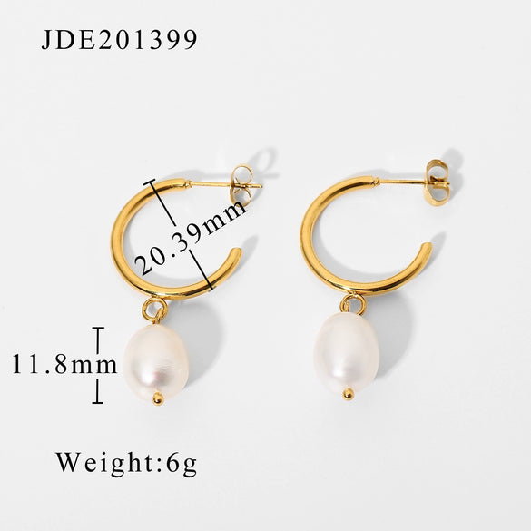 Wholesale Women's French Retro Freshwater Pearl Earrings Titanium Steel Nonfading 18K Gold Nonfading Geometric Style