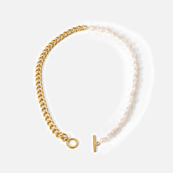 Wholesale Women's French Retro Freshwater Pearl Necklace Stainless Steel Titanium Steel Cuban Chain Electroplating Jewelry