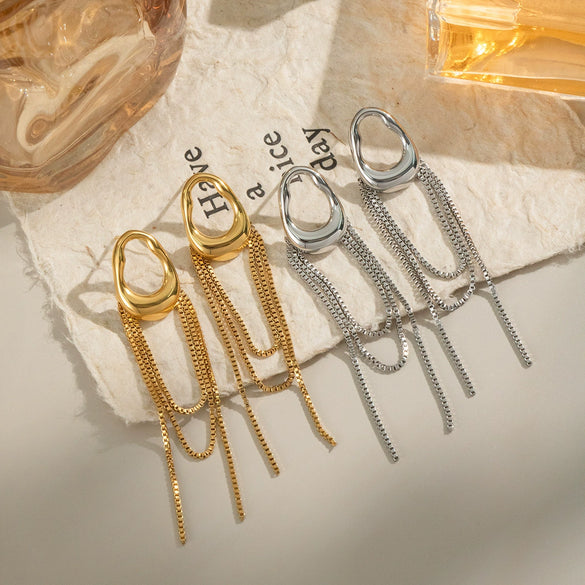 Wholesale Women's French Retro Geometric Tassel Earrings Stainless Steel Electroplated Light Luxury High End Non Fading Waterproof Accessories