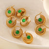 Wholesale Women's French Retro Green Glass Hollow Gold Earrings 316L Stainless Steel Plated True Gold Niche Geometric Design