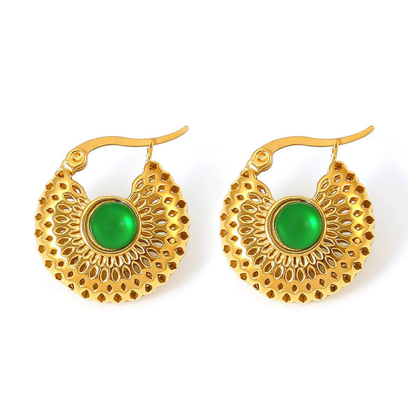 Wholesale Women's French Retro Green Glass Hollow Gold Earrings 316L Stainless Steel Plated True Gold Niche Geometric Design