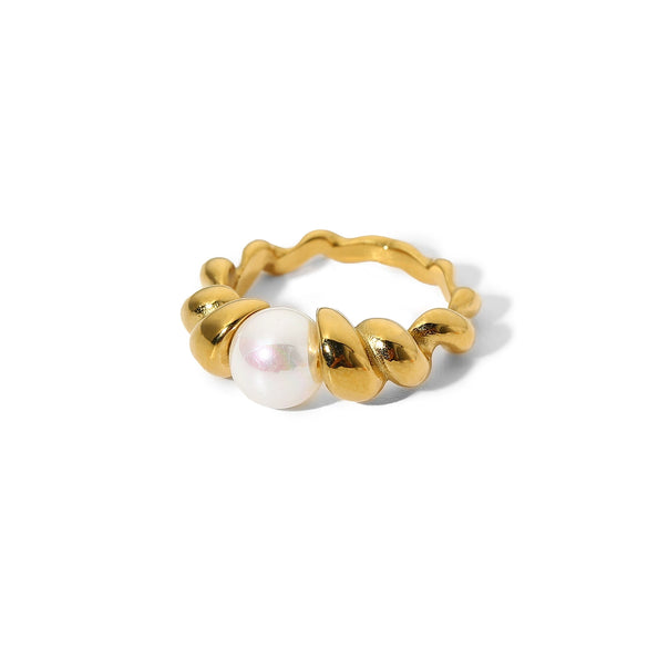 Wholesale Women's French Retro Highbrightness Bread Pearl Ring Titanium Steel Geometric Style Jewelry Set With Pearls