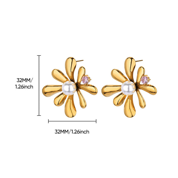 Wholesale Women's French Retro Imitation Pearl And Stainless Steel Geometric Exaggerated Heart And Flower Shape Electroplated Earrings