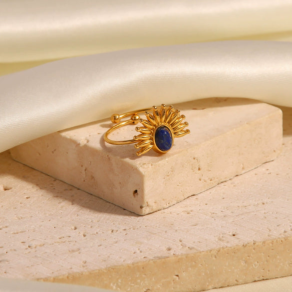 Wholesale Women's French Retro Ins Titanium Steel And Stainless Steel Ring Inlaid With Lapis Lazuli Geometric Style Set With Precious Stones
