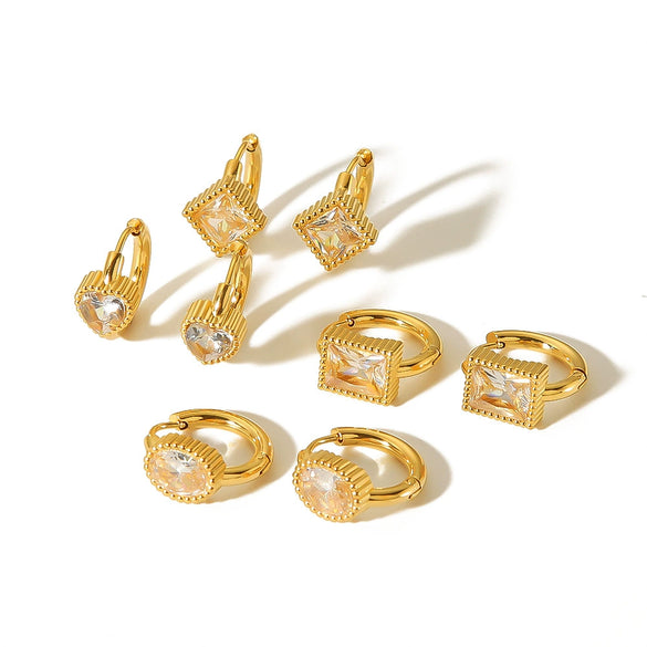 Wholesale Women's French Retro Light Luxury Geometric Zircon Earrings Stainless Steel 18K Gold Plated