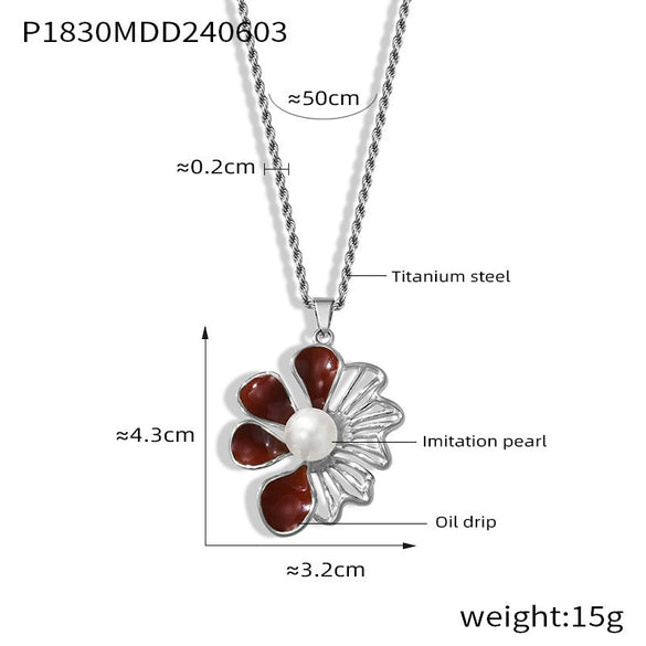 Wholesale Women's French Retro Light Luxury Oil Drop Hollow Shell Bead Flower Pendant Titanium Steel Necklace With Electroplating