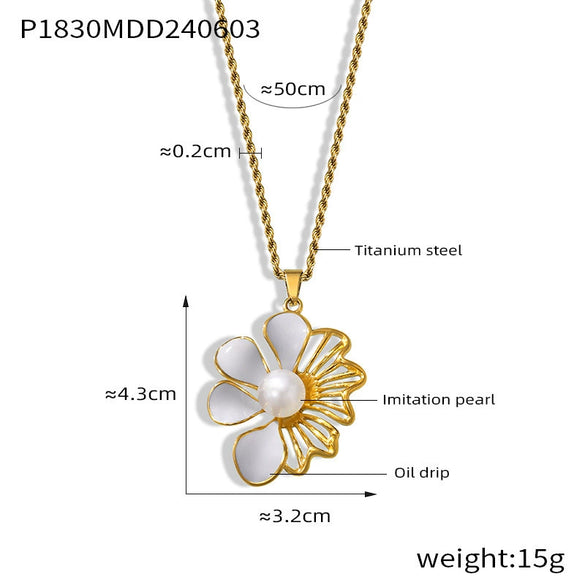 Wholesale Women's French Retro Light Luxury Oil Drop Hollow Shell Bead Flower Pendant Titanium Steel Necklace With Electroplating