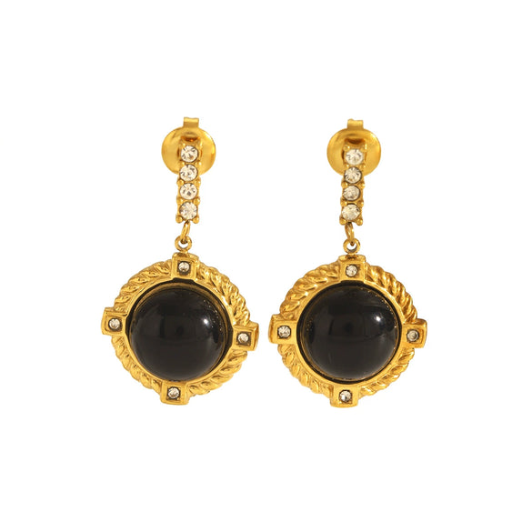 Wholesale Women's French Retro Obsidian Stainless Steel Earrings With Diamond Stud And Geometric Design And Electroplating Treatment