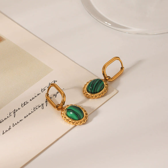 Wholesale Women's French Retro Oval Stainless Steel Inlaid Malachite Geometric Electroplated Pendant Earrings