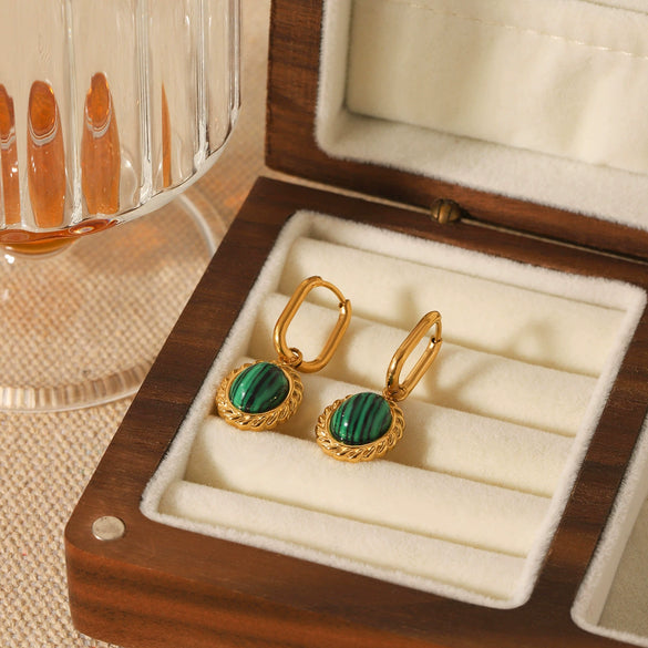 Wholesale Women's French Retro Oval Stainless Steel Inlaid Malachite Geometric Electroplated Pendant Earrings