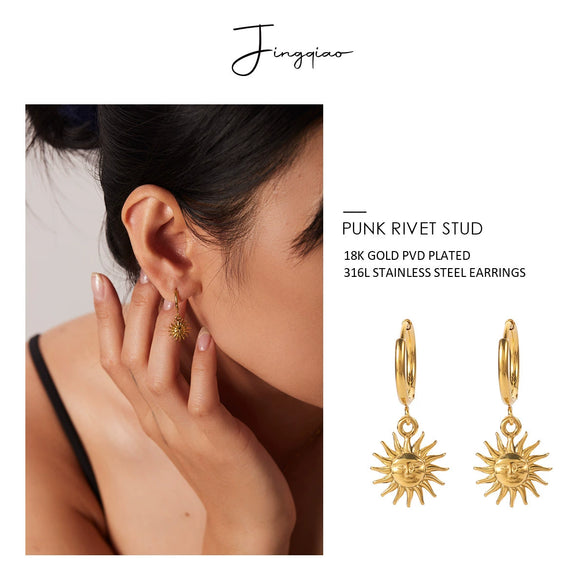 Wholesale Women's French Retro Stainless Steel Earrings With Geometric Sun Pendant And Electroplating