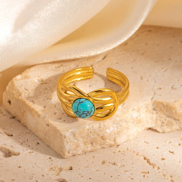 Wholesale Women's French Vintage Bow Geometric U Shape Titanium Steel Ring Electroplated 18K Gold With Natural Stone