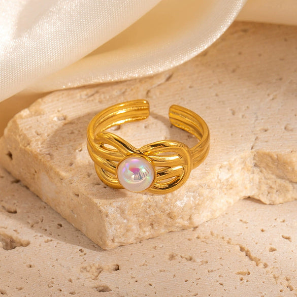 Wholesale Women's French Vintage Bow Geometric U Shape Titanium Steel Ring Electroplated 18K Gold With Natural Stone