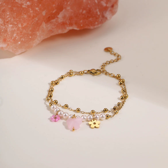Wholesale Women's Fresh And Clean Aesthetic Flower Pattern Stainless Steel 18K Gold Electroplated Bracelet