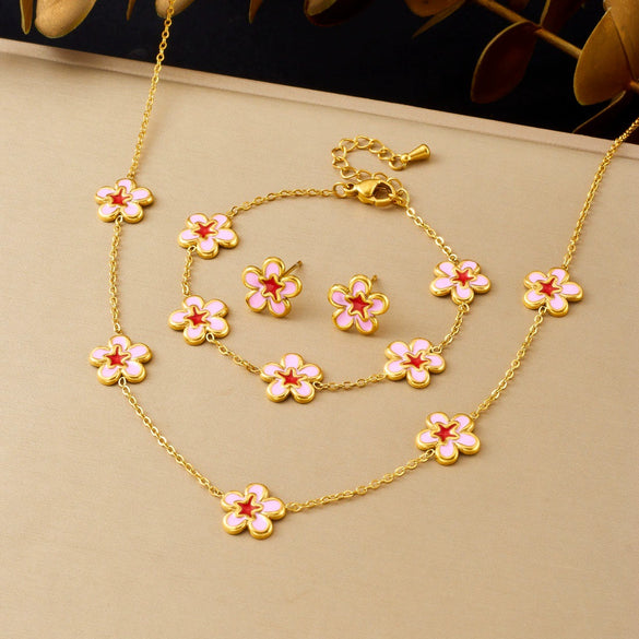 Wholesale Women's Fresh Cute Goldplated Stainless Steel Plants And Flowers Jewelry Accessories Set Including Earrings Necklaces And Bracelets
