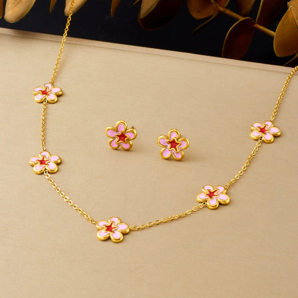 Wholesale Women's Fresh Cute Goldplated Stainless Steel Plants And Flowers Jewelry Accessories Set Including Earrings Necklaces And Bracelets
