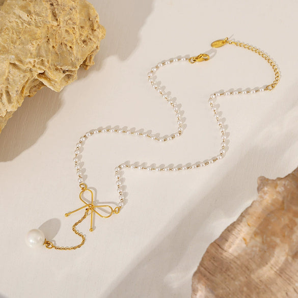 Wholesale Women's Fresh Fairy Style Choker With Bow And Imitation Pearl Stainless Steel Clavicle Chain Geometric Pattern Electroplating Treatment