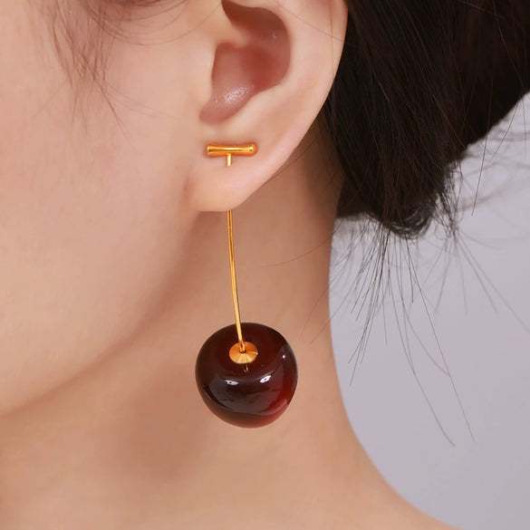 Wholesale Women's Fresh Fruit Cherry Stainless Steel Electroplated Long Earrings