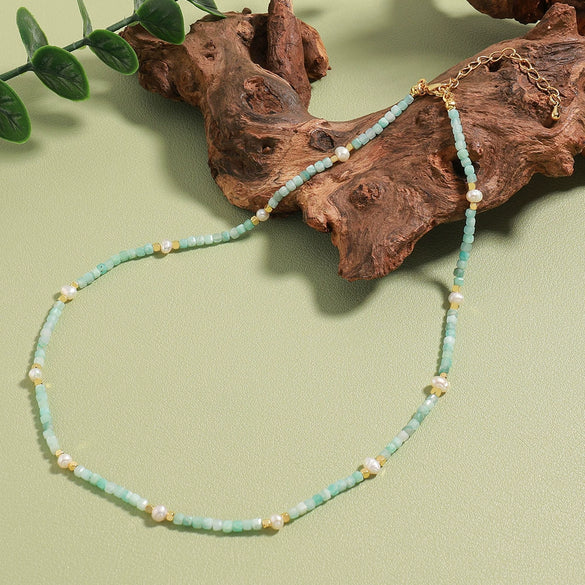 Wholesale Women's Fresh Water Pearl And Tianhe Stone Beaded Clavicle Necklace Copper Handmade Geometric Design