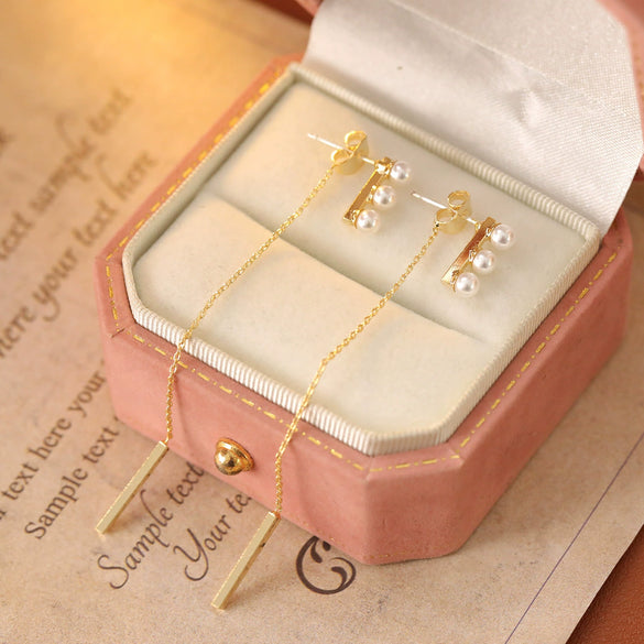 Wholesale Women's Freshwater Pearl And Copper Geometric Earrings With 14K Gold Electroplating