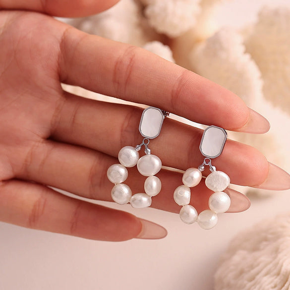 Wholesale Women's Freshwater Pearl And Shell Earrings In Sweet Style With Geometric Design And 316L Stainless Steel Electroplating