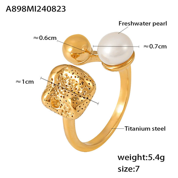 Wholesale Women's Freshwater Pearl And 316L Stainless Steel Geometric Hollow Ball Shaped Ring With 18K Gold Plated Pvd Electroplating