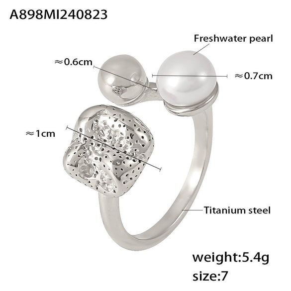Wholesale Women's Freshwater Pearl And 316L Stainless Steel Geometric Hollow Ball Shaped Ring With 18K Gold Plated Pvd Electroplating