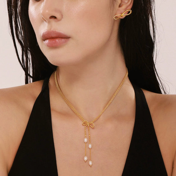 Wholesale Women's Freshwater Pearl Enigma Bow Tassel Earrings And Necklace Set 316L Stainless Steel 18K Gold Plated Sweet Style